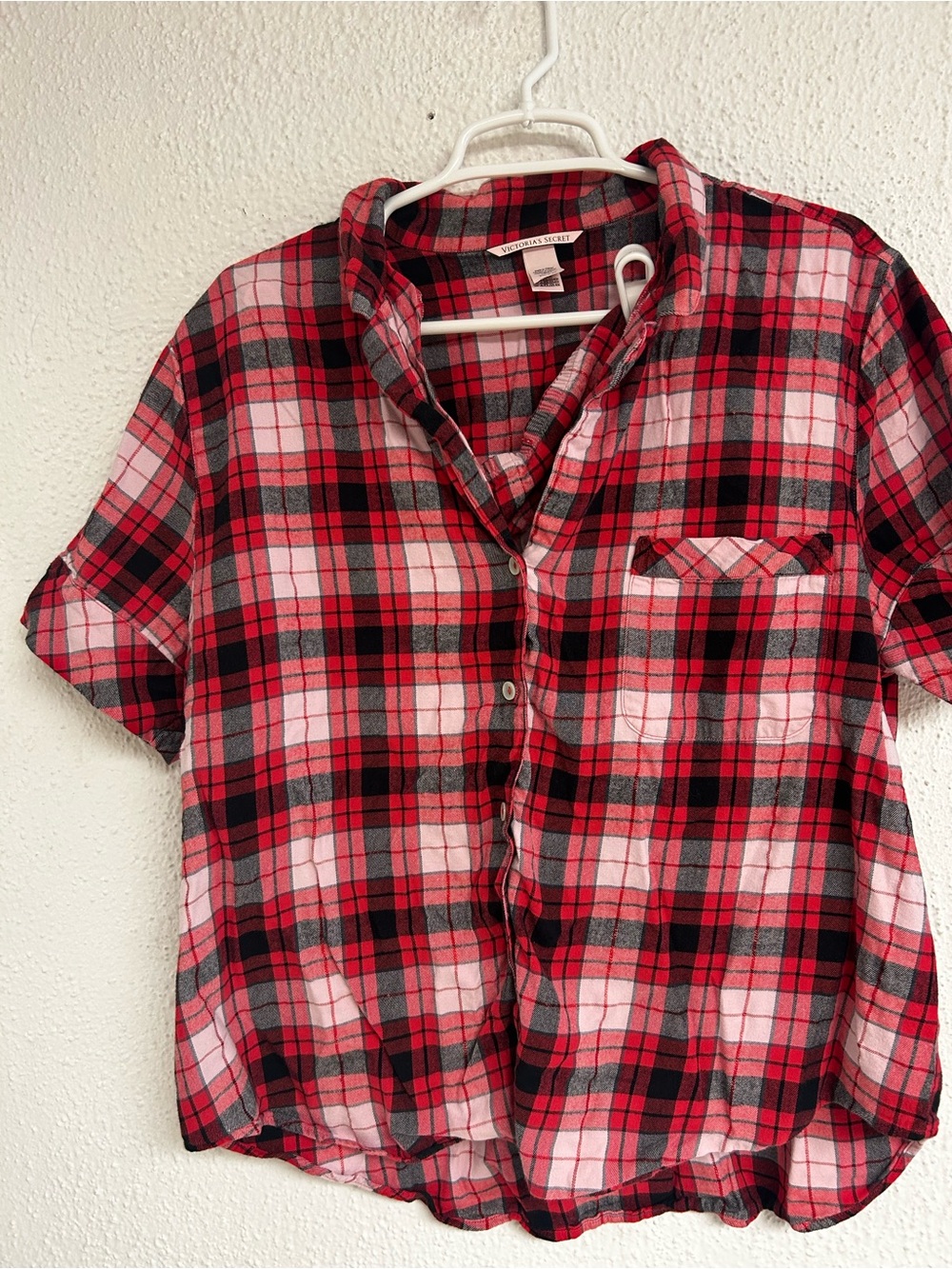 Victoria's Secret Red Plaid Shorts & Button Down Collared Tee PJ Set Size XL